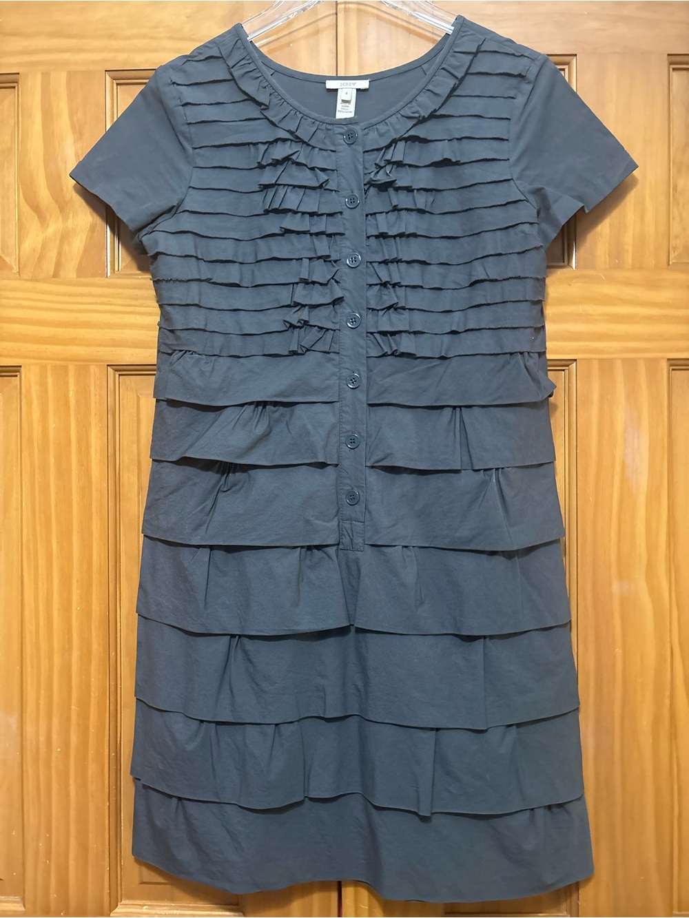 J. Crew Charcoal Ruffled Tiered Short-Sleeve Cotton Dress Size 4 EUC